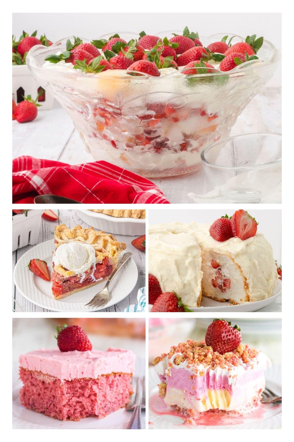 A collage of vintage strawberry desserts including strawberry punchbowl cake, strawberry rhubard pie, and strawberry cake.