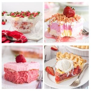 A collage of old fashioned strawberry dessert recipes including strawberry punchbowl cake, strawberry rhubard pie, and strawberry cake.