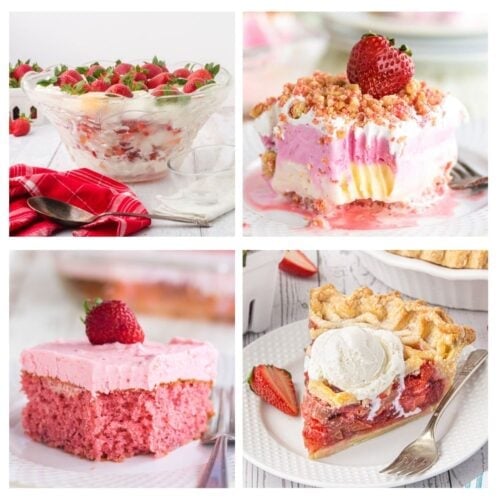 A collage of old fashioned strawberry dessert recipes including strawberry punchbowl cake, strawberry rhubard pie, and strawberry cake.