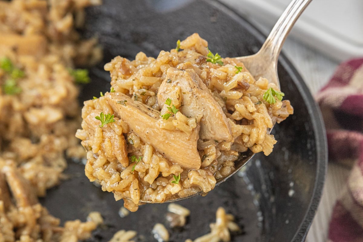 A spoonful of stick of butter chicken and rice casserole being lifted from the skillet.