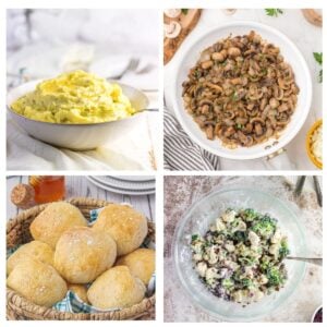 A collage for best side dishes for steak featuring mashed potatoes, buttermilk dinner rolls, and caramelized onions and mushrooms.