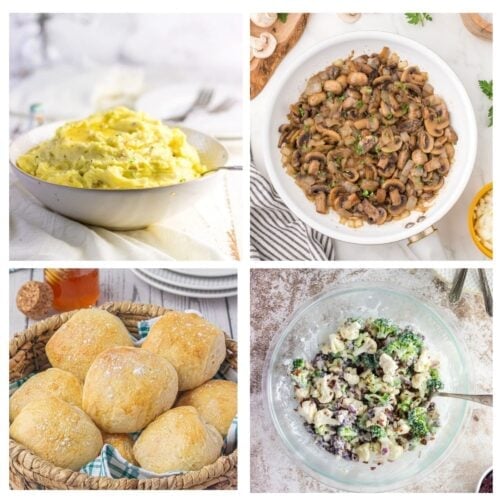 A collage for best side dishes for steak featuring mashed potatoes, buttermilk dinner rolls, and caramelized onions and mushrooms.