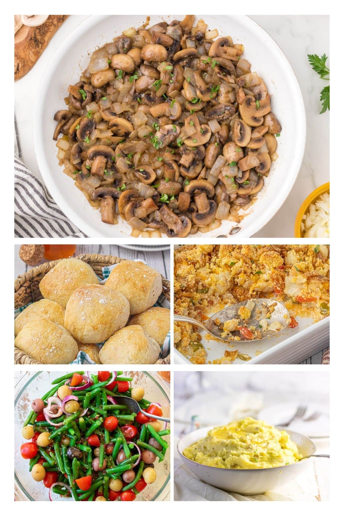 A collage of images from the best sides for steak post including mashed potatoes, caramelized onions and mushrooms, and rolls.