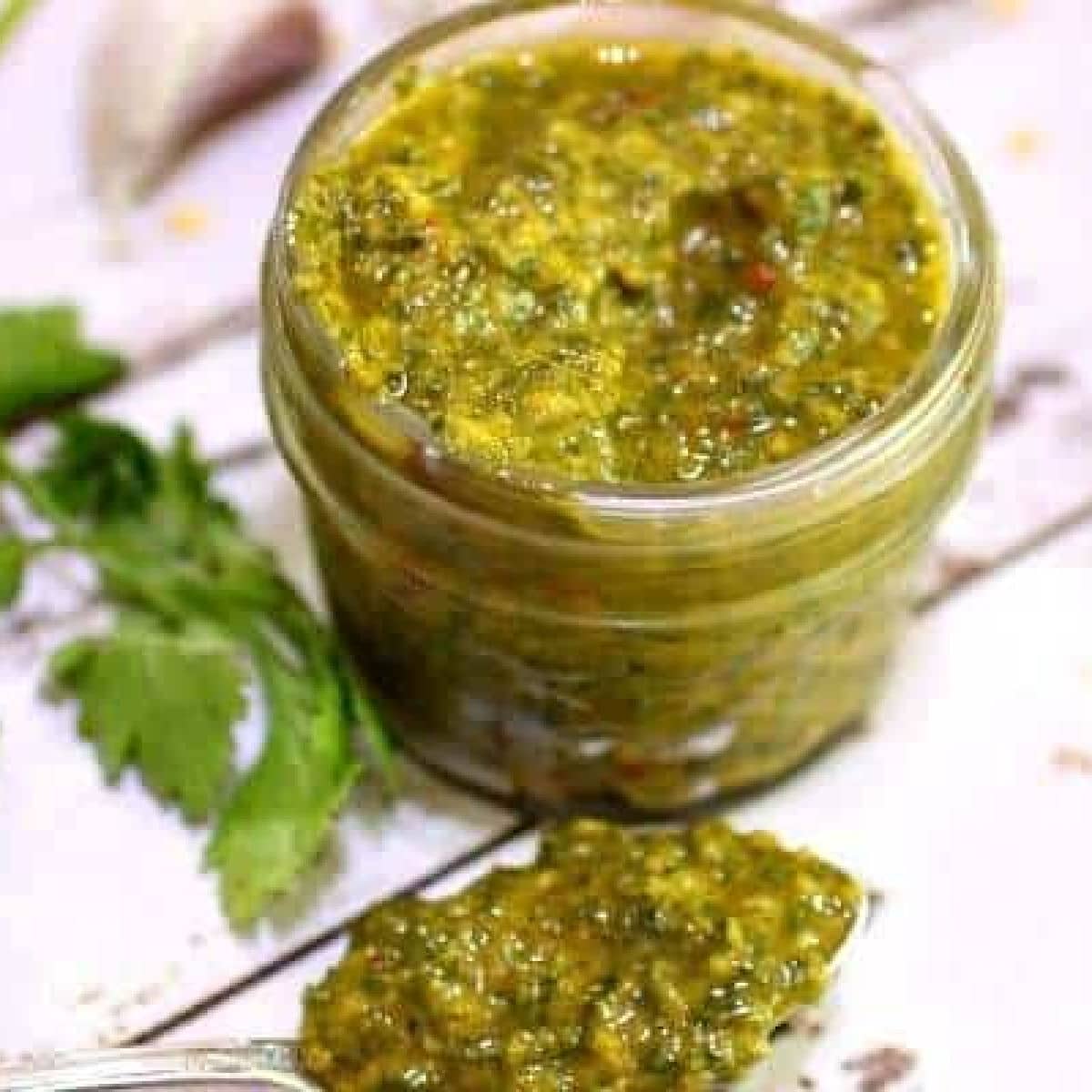 Homemade chimichurri sauce made with cilantro and lime.