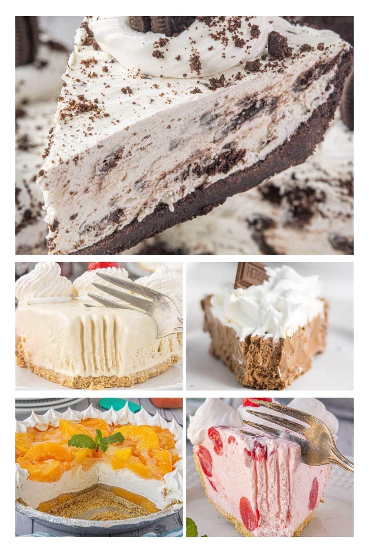 A collage of old fashioned icebox pie recipes including lemon icebox pie, cherry icebox pie, and oreo icebox pie.