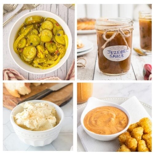 Collage of homemade refrigerator pickles, Jezebel sauce, whipped butter, and creamy burger sauce for burgers and sandwiches.
