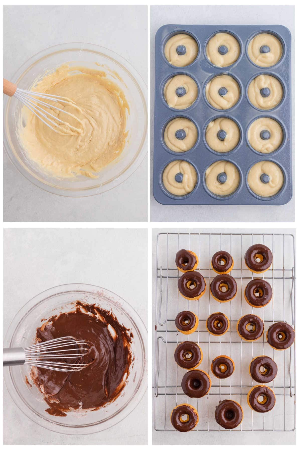 Step-by-step collage showing pancake mix donut batter, donut pan, chocolate glaze, and finished baked donuts.