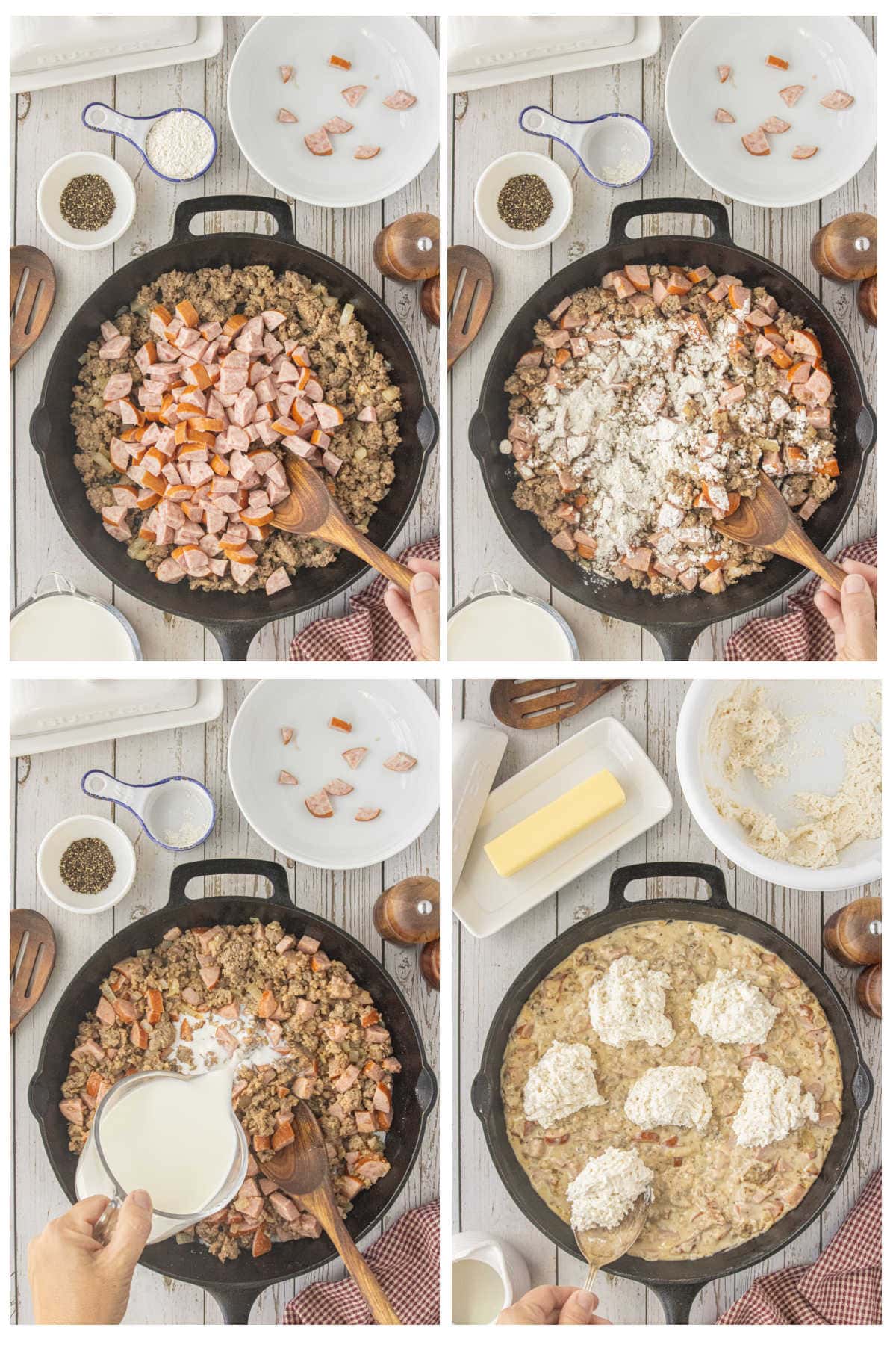 Steps for making biscuits and gravy pot pie with sausage gravy and homemade biscuits