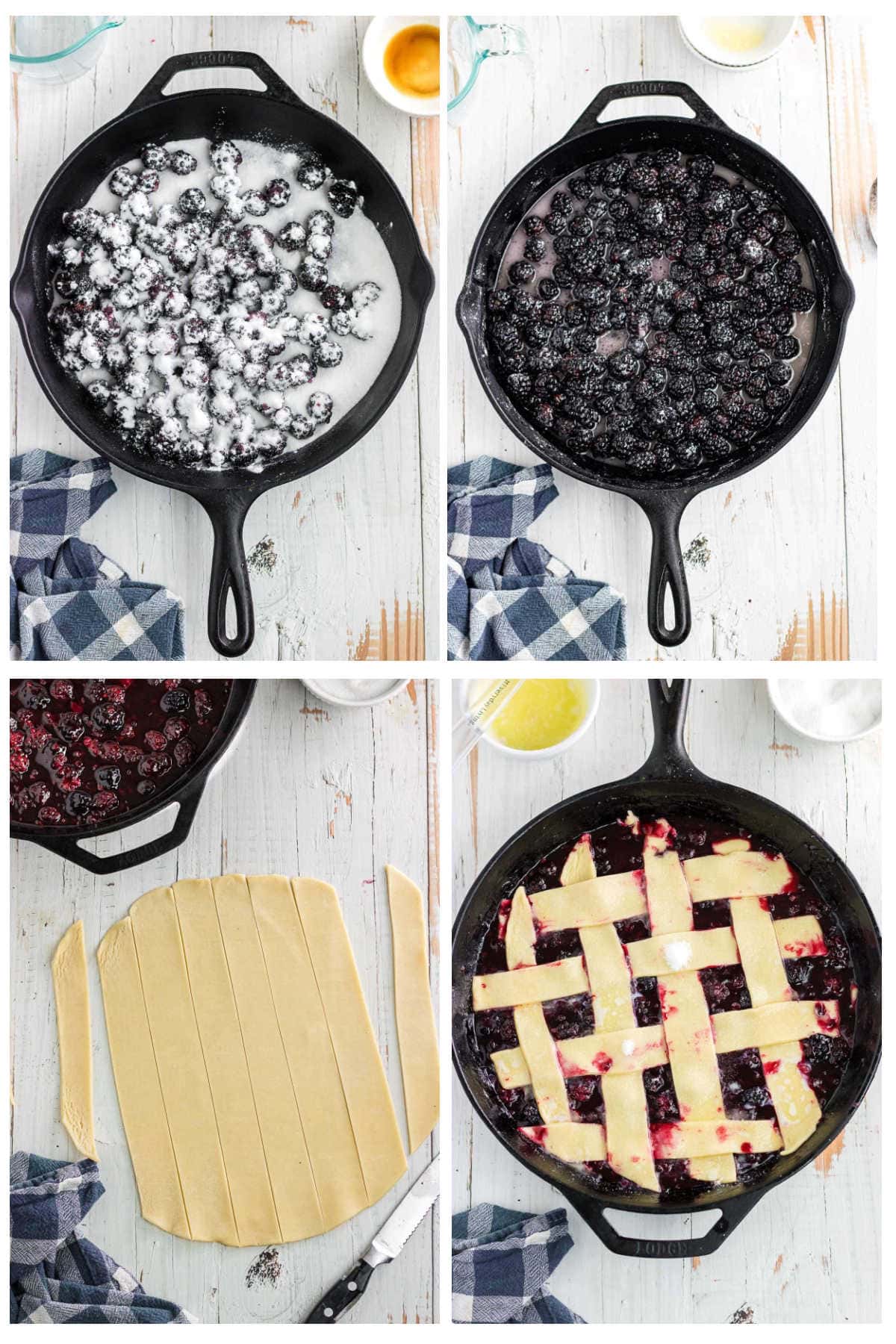 A collage of 4 images showing how to make blackberry cobbler with pie crust in a cast iron skillet.