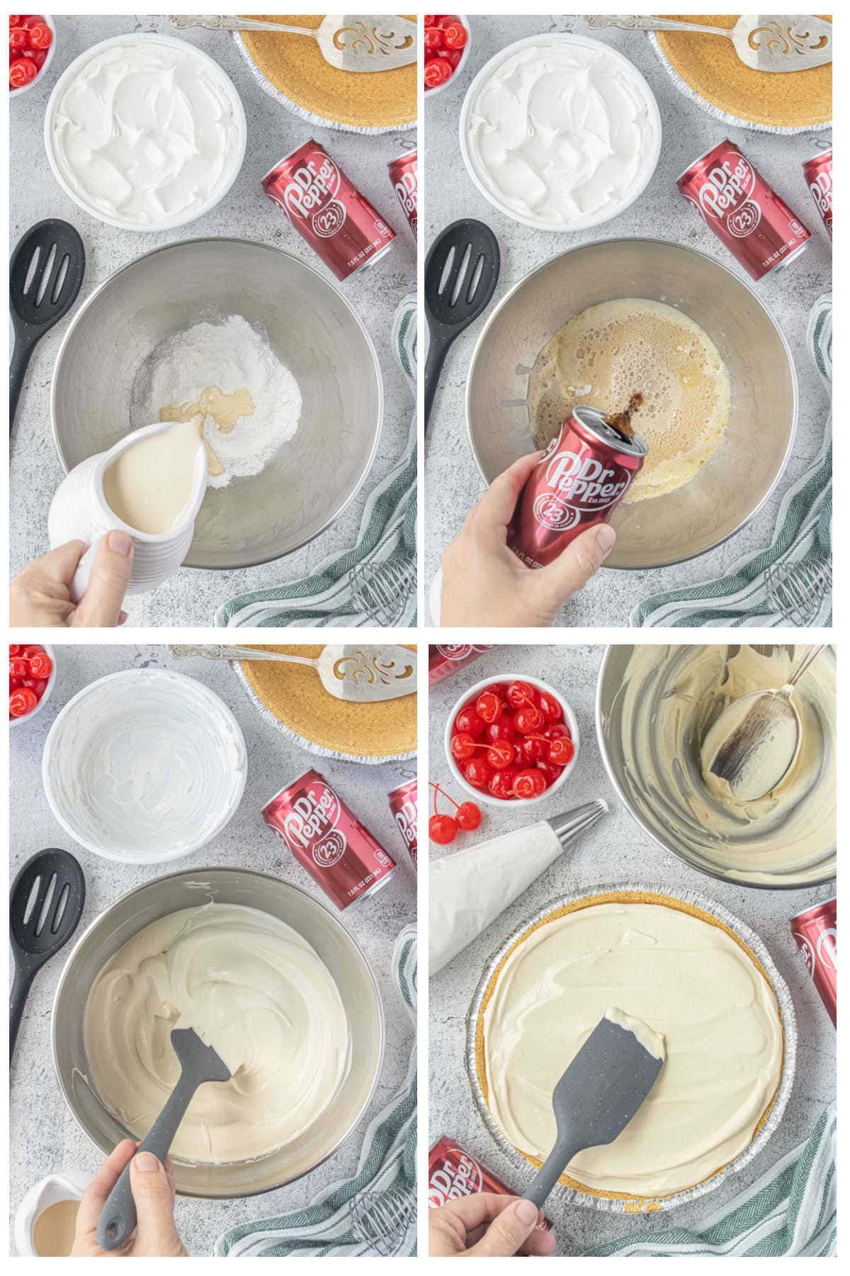 Step-by-step photos showing how to make Dr Pepper icebox pie by mixing pudding, evaporated milk, and soda before folding in whipped topping and filling the crust.