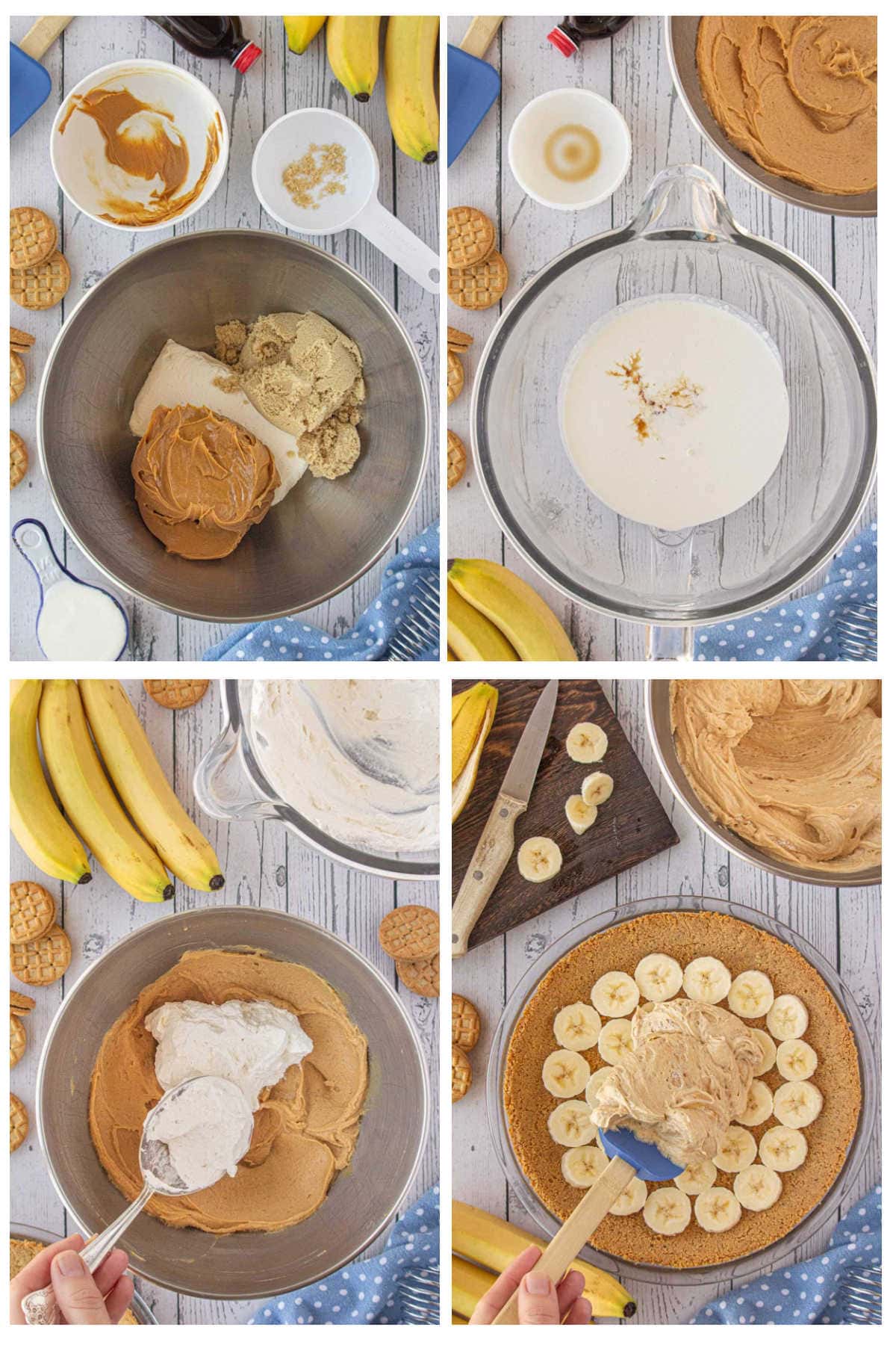 A collage of 4 images showing the steps for making peanut butter banana pie.