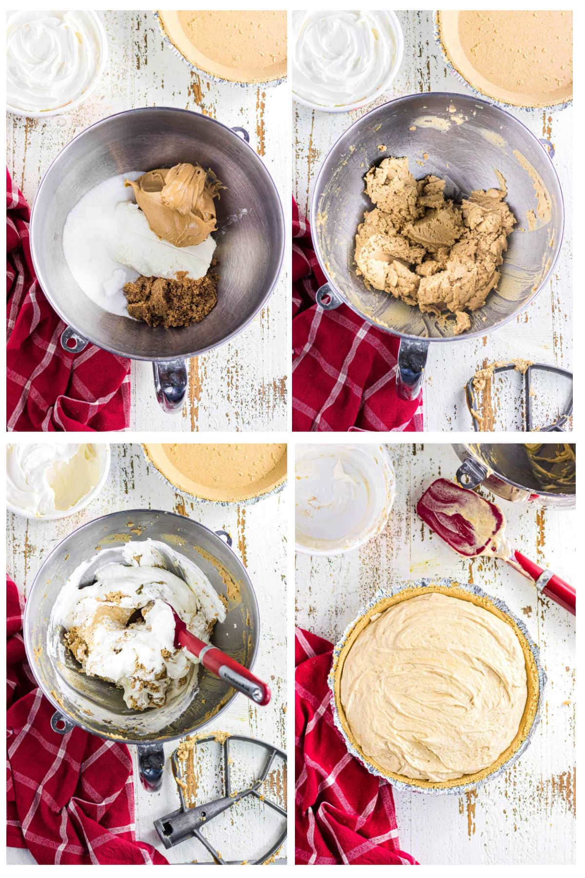 Collage of step by step images showing how to make peanut butter icebox pie.