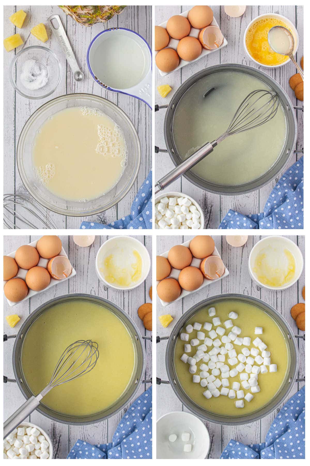 Step by step images showing how to make the filling pineapple cream pie.