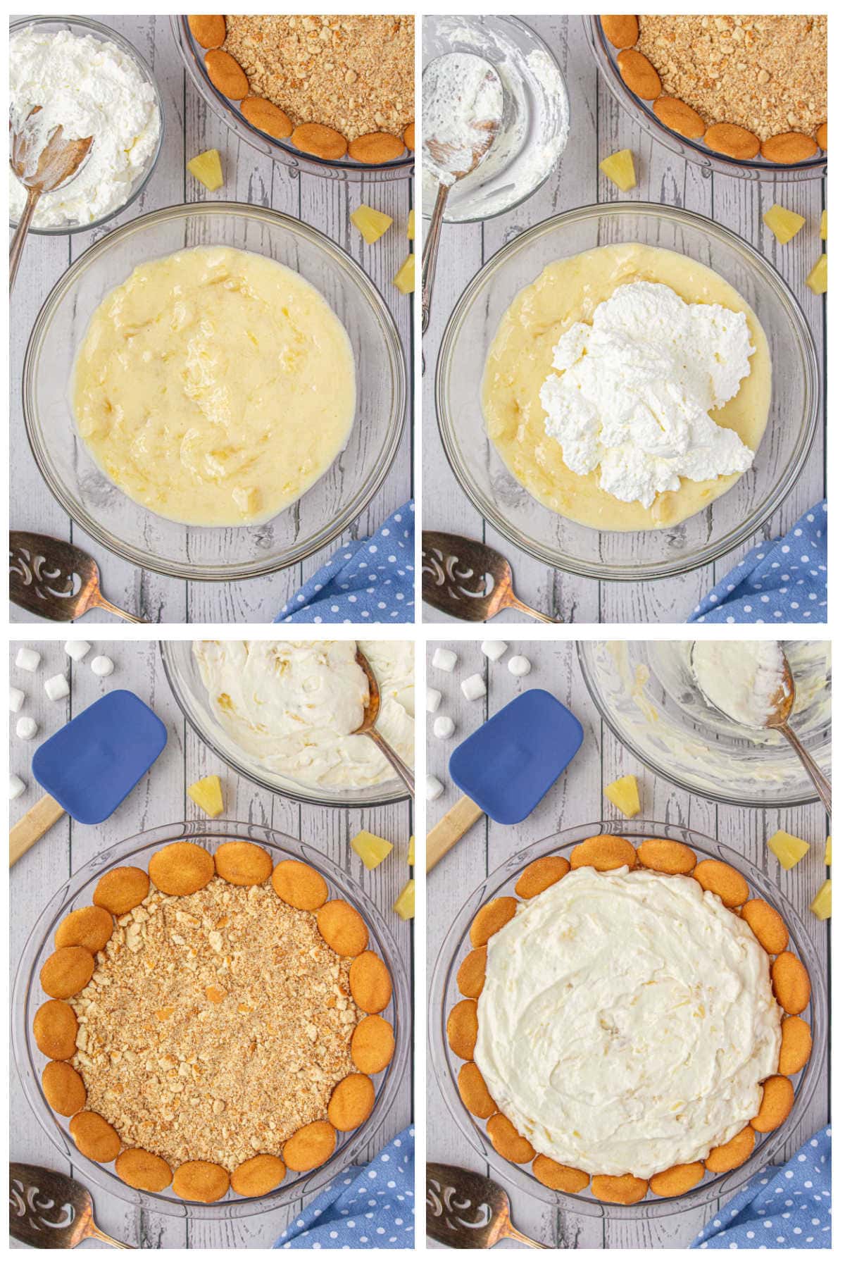 Step by step images showing how to fold in the whipped cream and fill the pie crust.