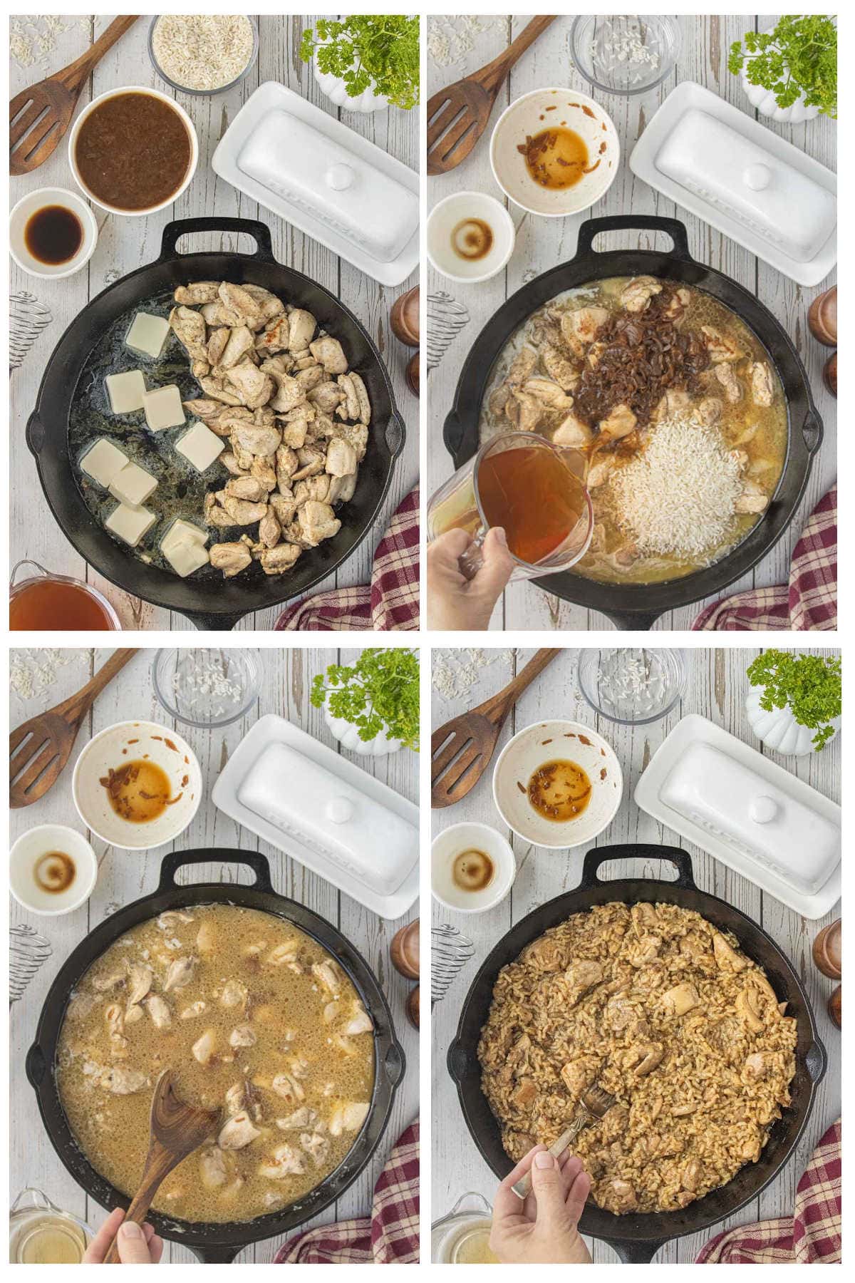 Four-step collage showing how to make stick of butter chicken and rice casserole in a cast iron skillet with chicken, butter, broth, rice, and French onion soup.