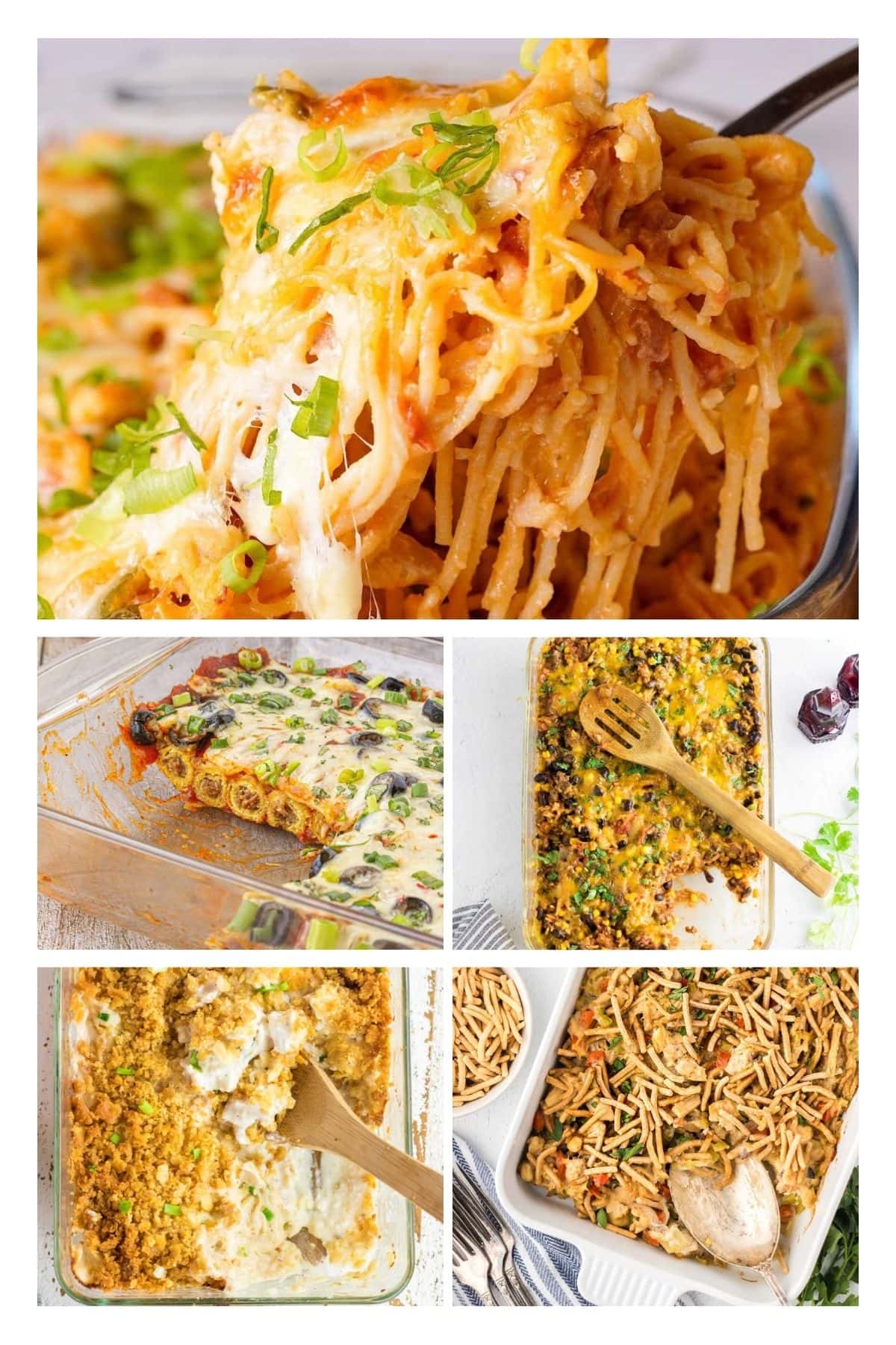 A collage of casseroles including crack chicken spaghetti, taquito casserole, and chopstick tuna casserole.