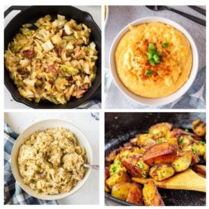 Southern side dishes for meatloaf including fried cabbage with bacon, cheese grits, mashed potatoes, and crispy skillet potatoes.
