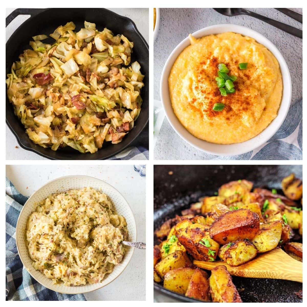 Southern side dishes for meatloaf including fried cabbage with bacon, cheese grits, mashed potatoes, and crispy skillet potatoes.