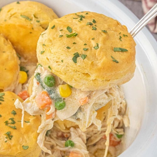 Slow cooker Angel Chicken Pot Pie topped with golden biscuits and filled with creamy shredded chicken and mixed vegetables.