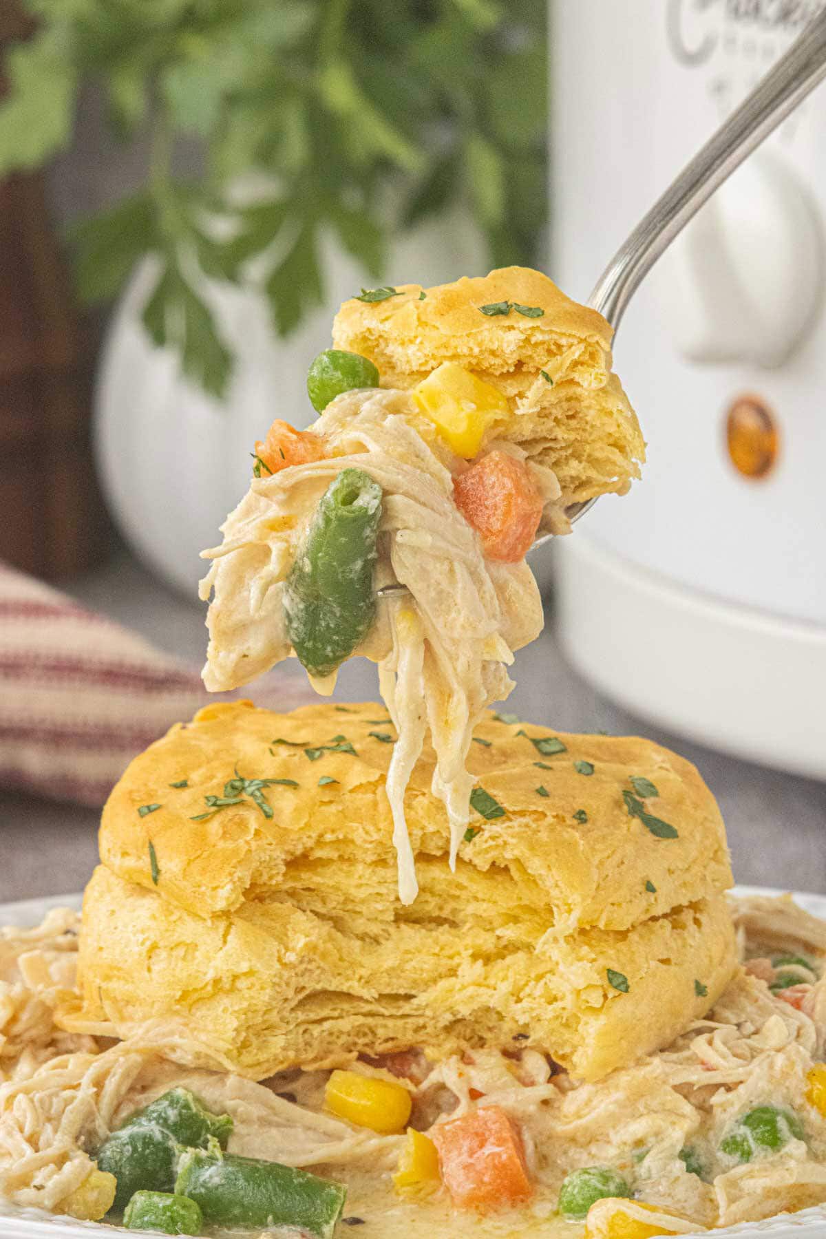 Close-up of Crockpot Angel Chicken Pot Pie with creamy chicken filling, mixed vegetables, melted cheese, and a golden biscuit.