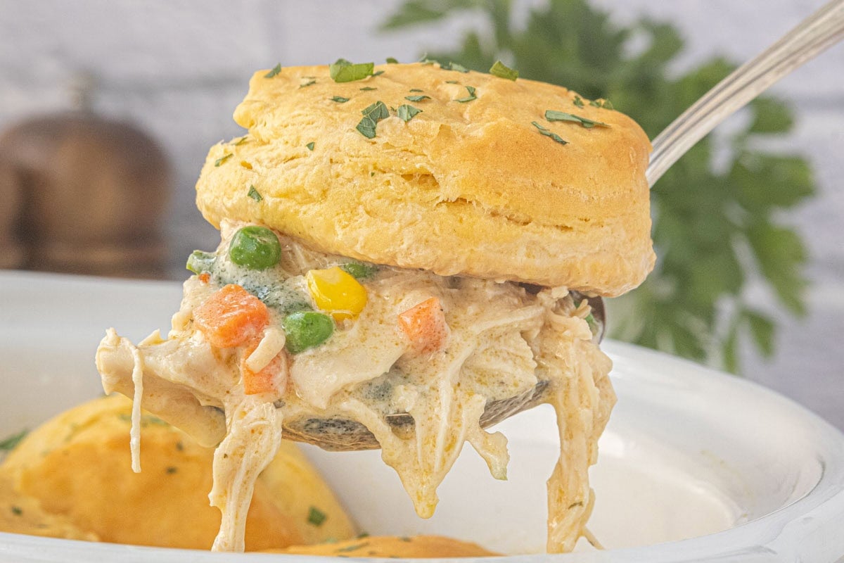 Creamy Crockpot Angel Chicken Pot Pie with shredded chicken, mixed vegetables, and flaky biscuits served from the slow cooker.
