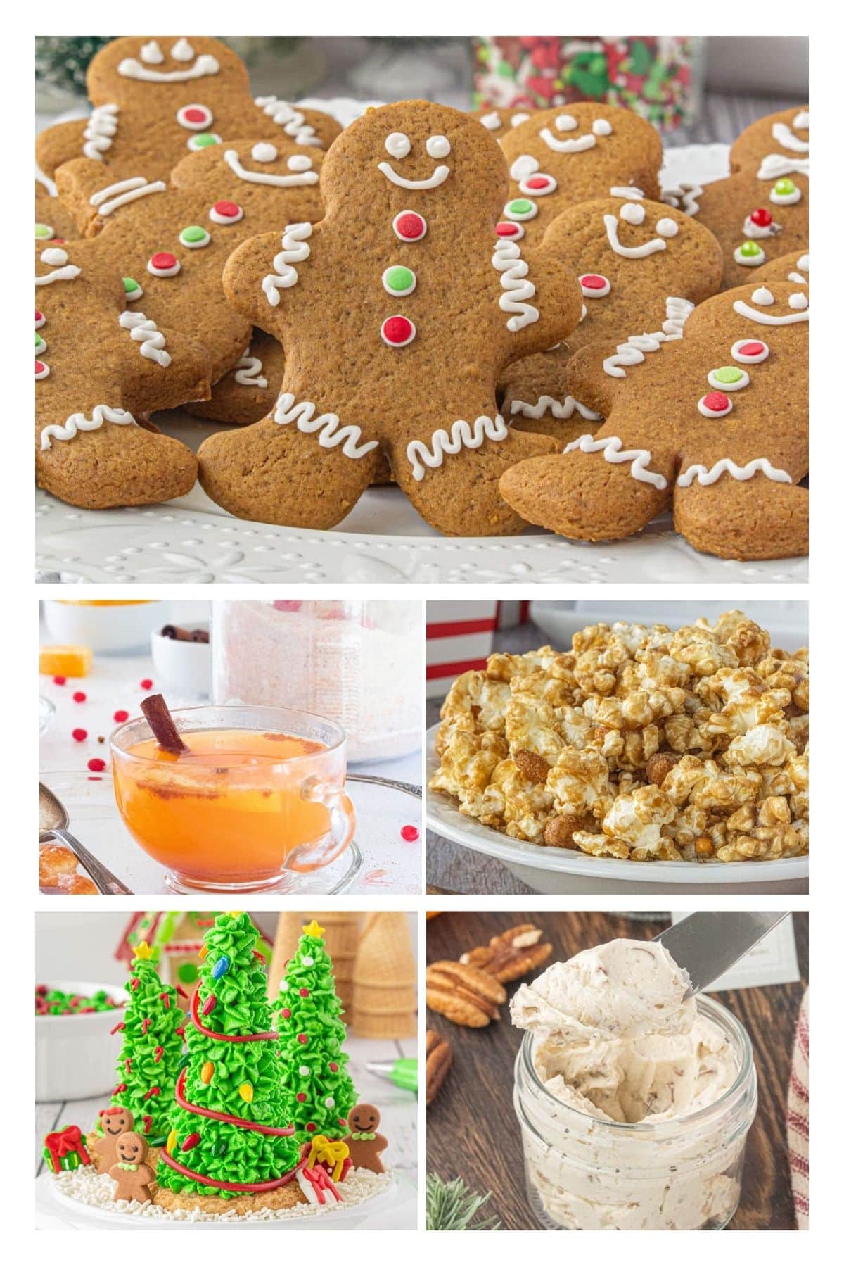 Collage of homemade Christmas food gifts featuring decorated gingerbread cookies, spiced tea mix in a glass mug, caramel popcorn, Christmas tree buttercream cookies, and pecan praline honey butter in a glass jar.