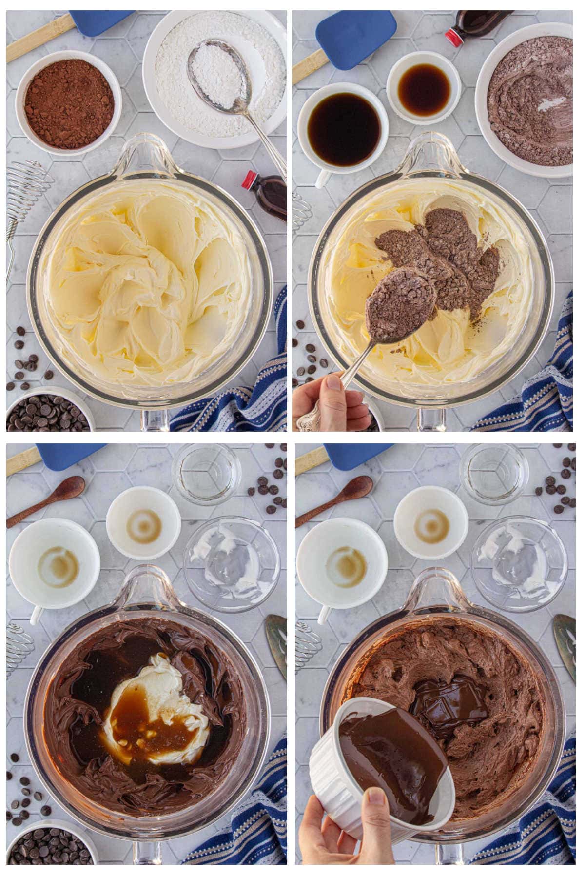 Four-step collage showing how to make chocolate fudge frosting by creaming butter, adding the cocoa mixture, mixing in sour cream and coffee, and folding in melted dark chocolate.