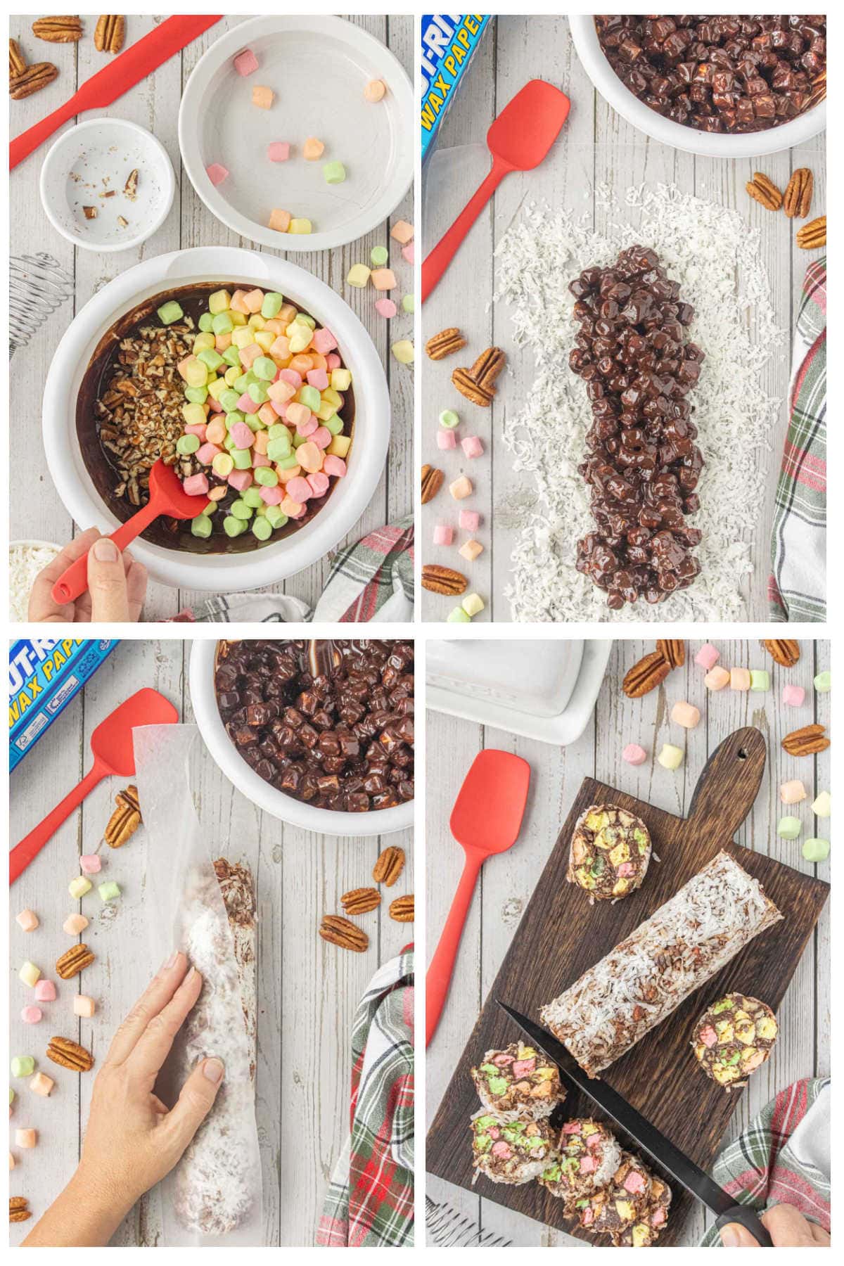 Step-by-step collage showing how to make church window cookies by mixing chocolate with marshmallows and pecans, rolling in coconut, chilling, and slicing.