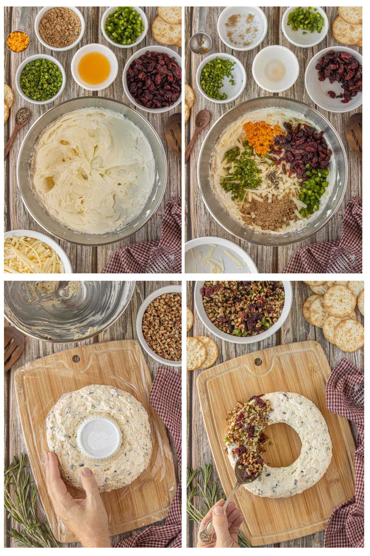 Step-by-step photos showing how to mix, shape, and coat a cranberry cheese ball wreath.