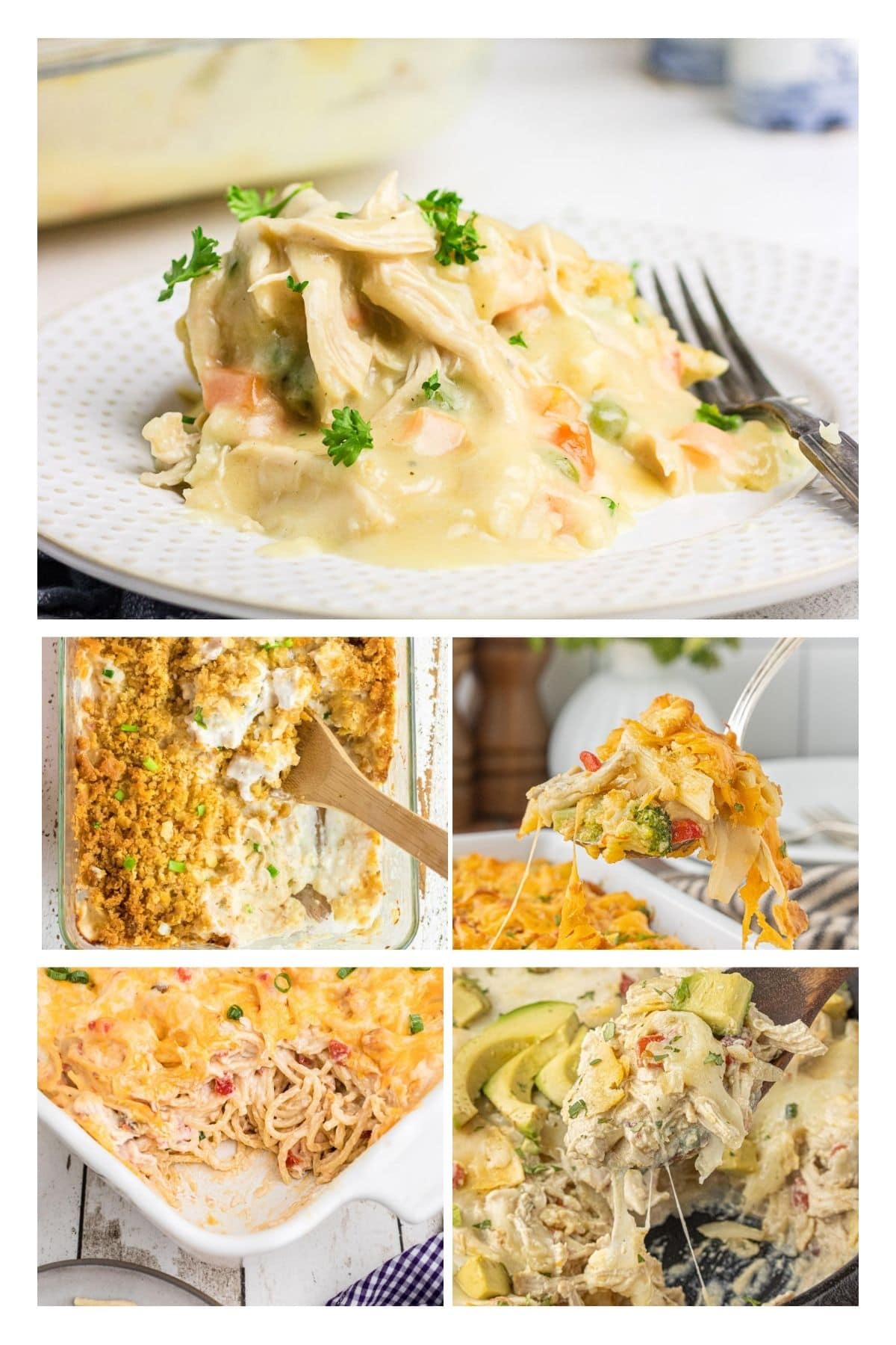 A collage of creamy chicken casserole recipes that are easy to make for busy weeknights.