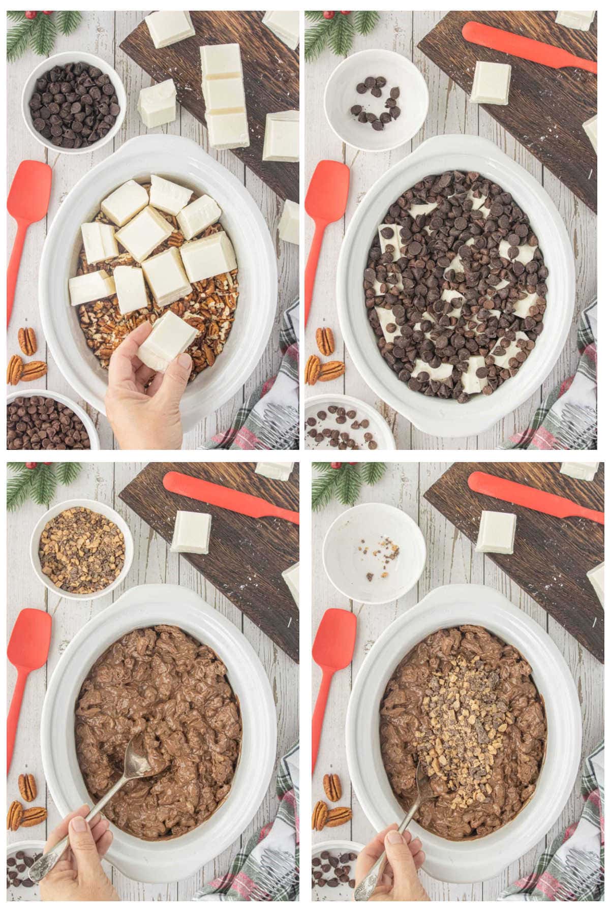 Four-step collage showing how to make crockpot candy by layering chocolate and pecans in a slow cooker, melting, stirring, and adding toffee bits.