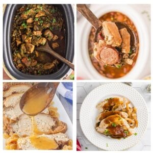 Four-photo collage of fall crockpot recipes featuring beef stew, Cajun chicken stew, slow cooker turkey with gravy, and sliced turkey with onions.