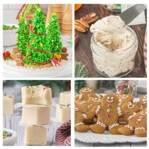 A collage of four homemade food gifts including, ice cream cone Christmas trees, pecan praline honey butter, sugar cookie fudge, and gingerbread men.