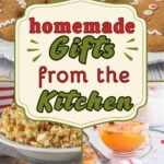 Pinterest pin for homemade gifts from the kitchen featuring gingerbread cookies, caramel popcorn, spiced tea mix, Christmas tree cookies, pecan praline honey butter, and church window cookies.