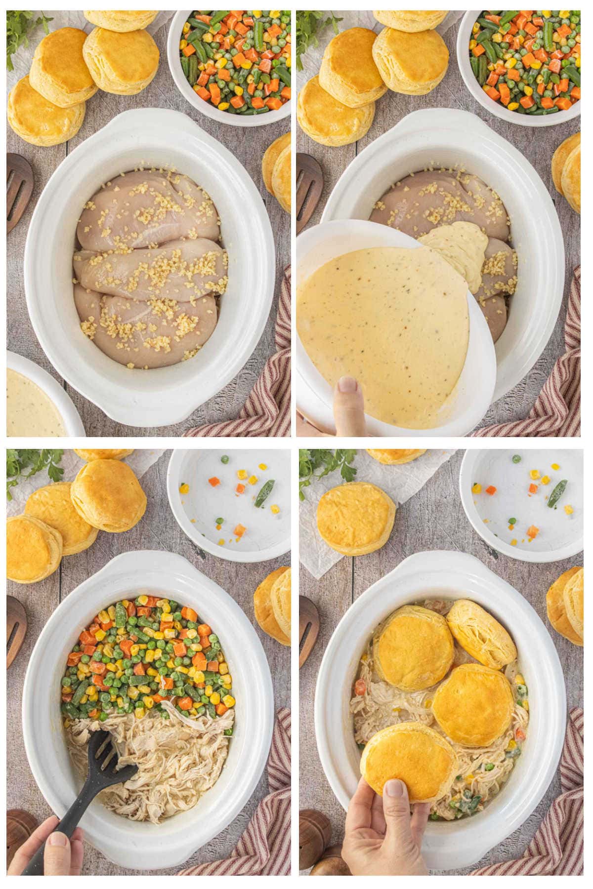 Step-by-step photos showing how to make Crockpot Angel Chicken Pot Pie in the slow cooker from adding the chicken to topping with biscuits.