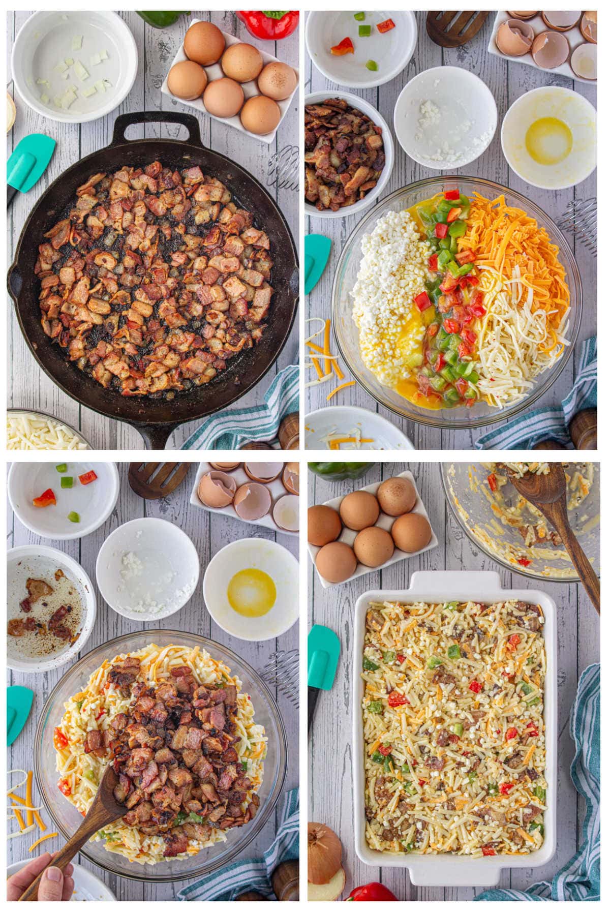 Step by step images showing how to make this cheesy hashbrown breakfast casserole with bacon.