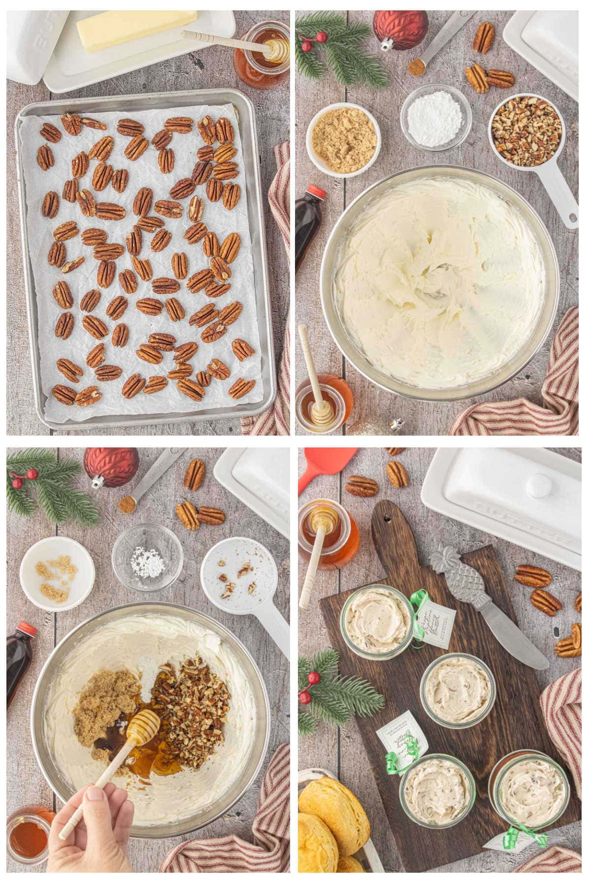 Step-by-step photos showing how to make pecan praline honey butter by toasting pecans, whipping butter, and mixing in honey, brown sugar, vanilla, cinnamon, and chopped pecans.