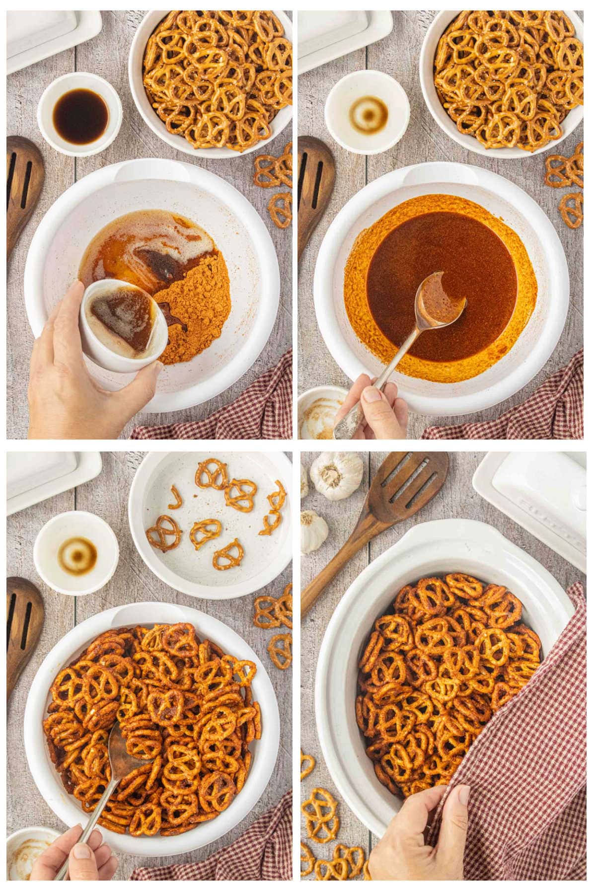 Step-by-step photos showing how to make slow cooker taco pretzels by mixing the seasoned butter, coating the pretzels, and cooking them in a slow cooker.