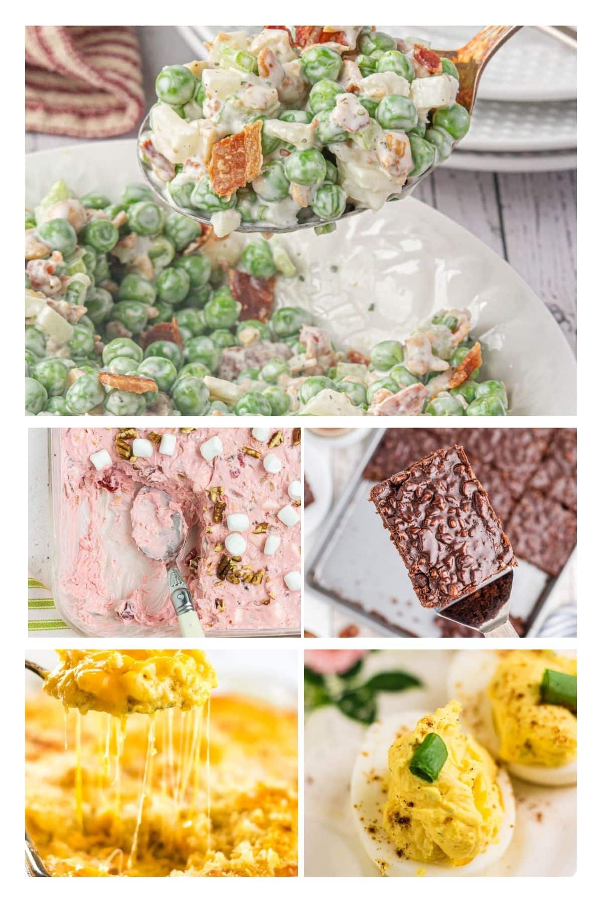 Collage of vintage potluck favorites including pea salad, cherry junkyard salad, Texas sheet cake, cheesy hash brown casserole, and ranch deviled eggs.