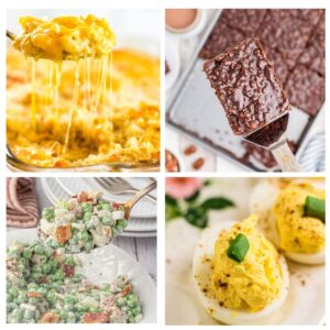 Collage of vintage church potluck recipes featuring cheesy hash brown casserole, Texas sheet cake, creamy pea salad, and ranch deviled eggs.