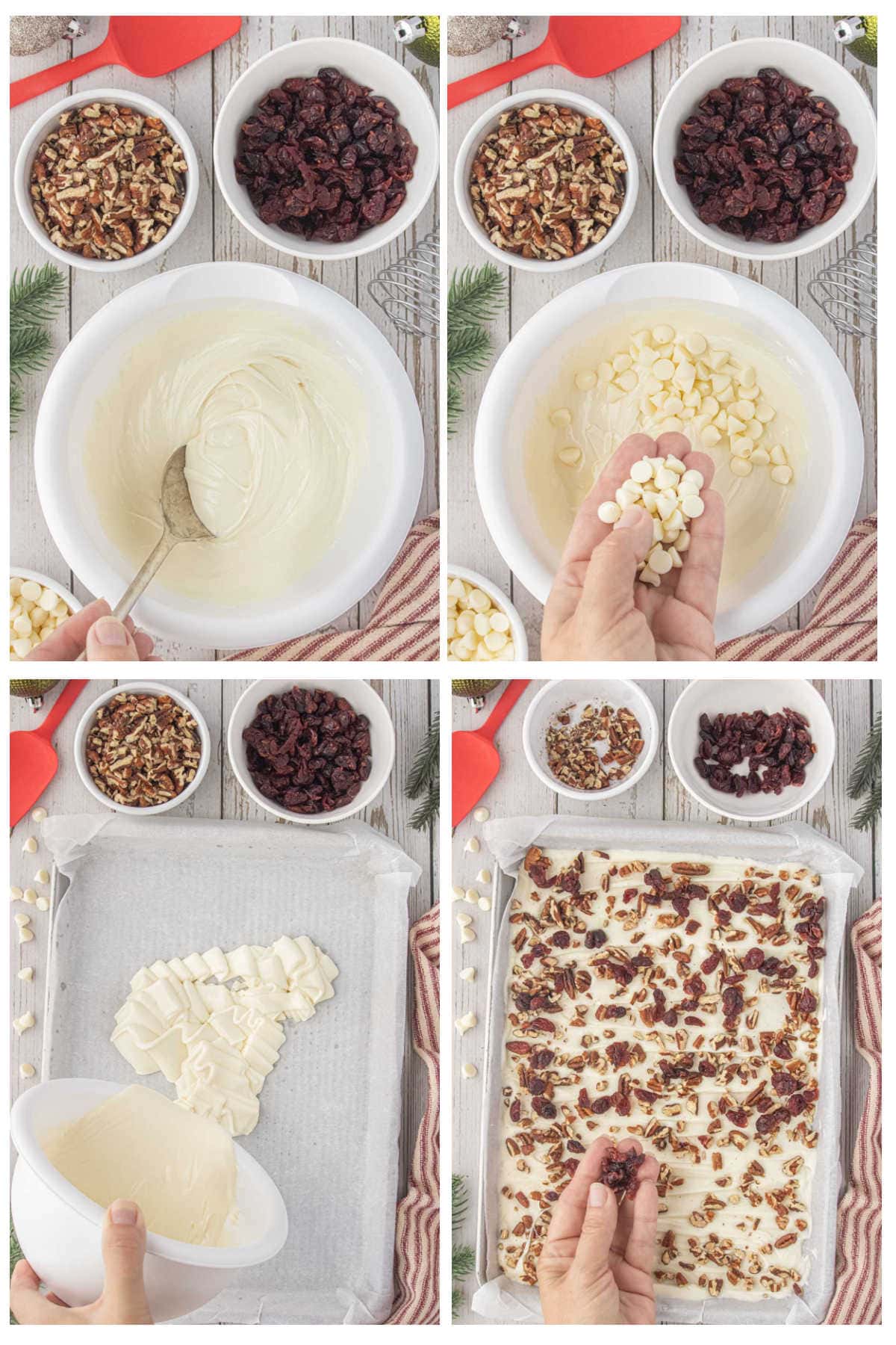 Four-step collage showing how to melt white chocolate, stir, spread it in a pan, and sprinkle with cranberries and pecans before chilling.