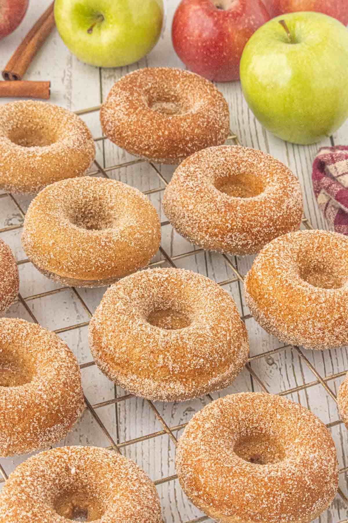 Freshly baked apple cider donuts cooling on a wire rack before serving.