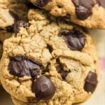 Closeup of gluten-free chocolate chip cookies with text overlay for Pinterest.