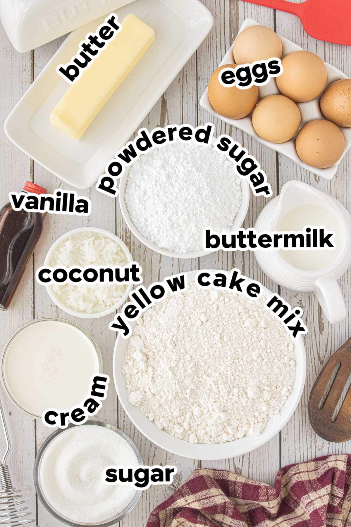 Ingredients for Louisiana crunch cake including yellow cake mix, eggs, butter, buttermilk, coconut, cream, sugar, and vanilla
