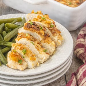 Sliced Ritz chicken breast with buttery cracker topping served with green beans