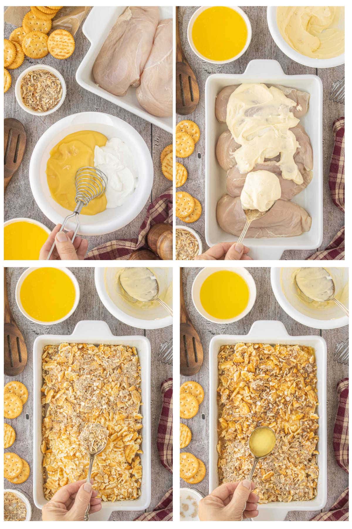 Step-by-step preparation of Ritz chicken with creamy sauce, cracker topping, onion soup mix, and melted butter