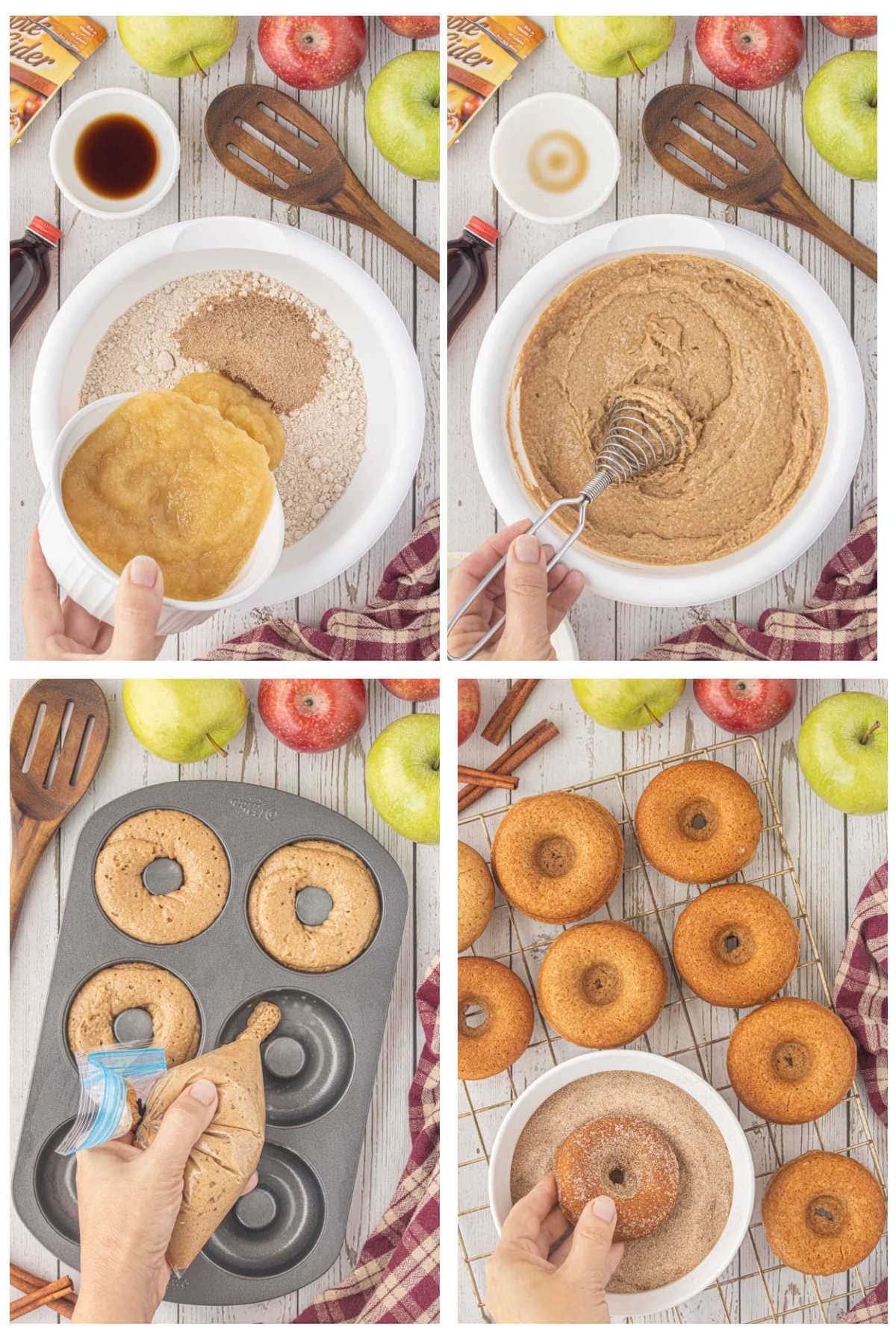 Four-step collage showing how to mix the batter, pipe it into donut pans, bake, and coat baked apple cider donuts in cinnamon sugar.
