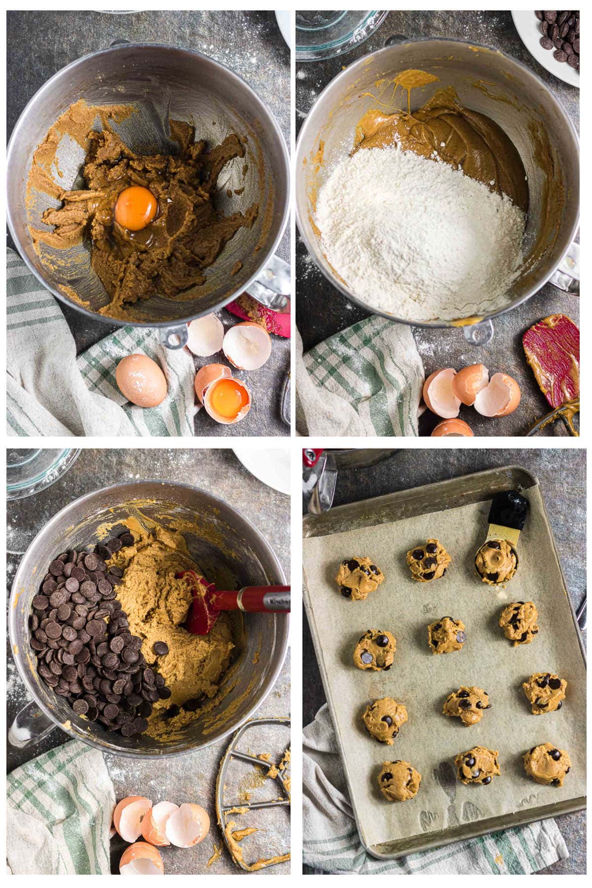 Brown butter chocolate chip cookie dough being mixed with eggs, flour, and chocolate chips, then scooped onto a baking sheet.