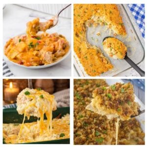 A collage of four creamy chicken casseroles to be used as the feature image for this round up post.