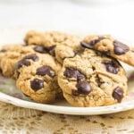 Close-up of chewy gluten-free brown butter chocolate chip cookies with large melted chocolate chips